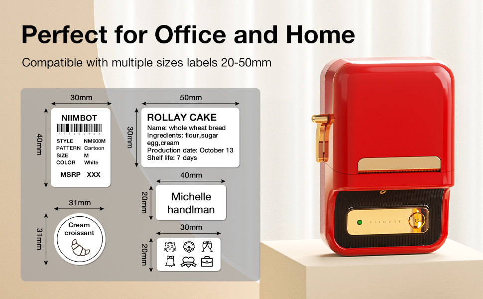 VMIDirect Thermal Label Printer in red, designed for versatile label sizes from 20 to 50mm, ideal for home and office