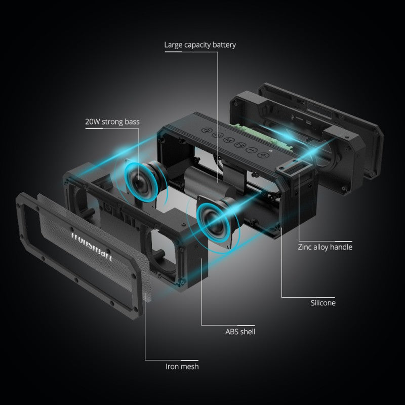 Bluetooth Speaker anatomy with large battery, 20W bass, and durable ABS casing for enhanced sound quality