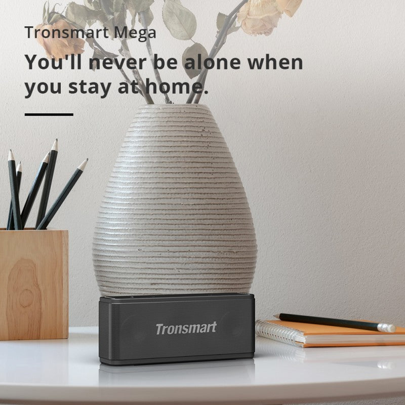 Tronsmart Mega Bluetooth Speaker on a desk next to a vase and stationery for home use