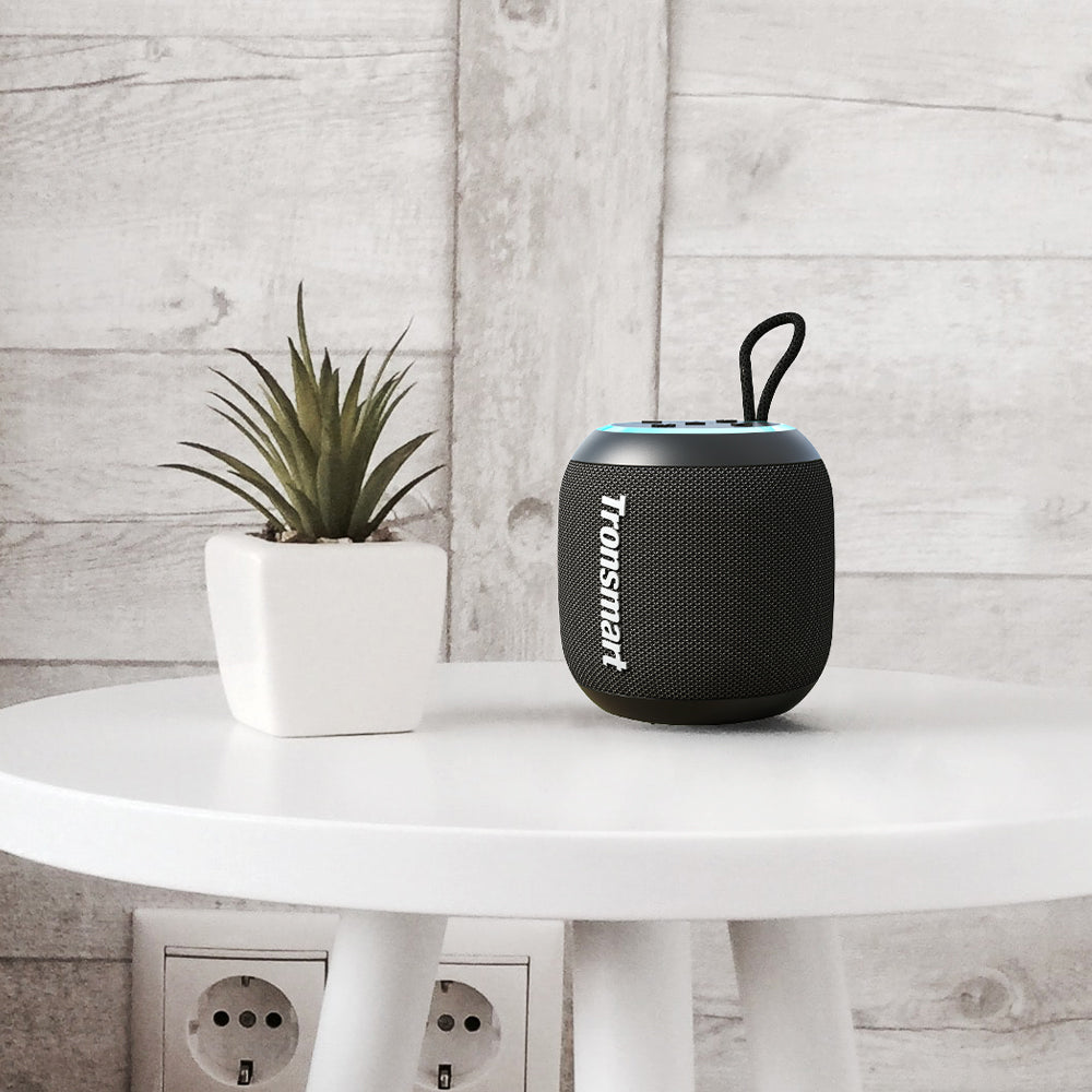 VMIDirect Portable Speaker on a white table next to a small potted plant