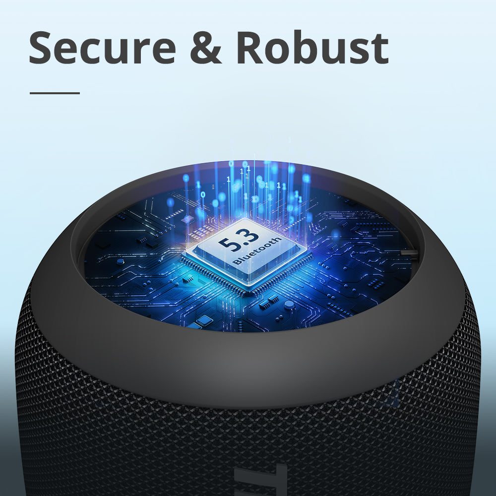 Close-up of a portable speaker showcasing its secure and robust 5.3 Bluetooth technology and sleek design