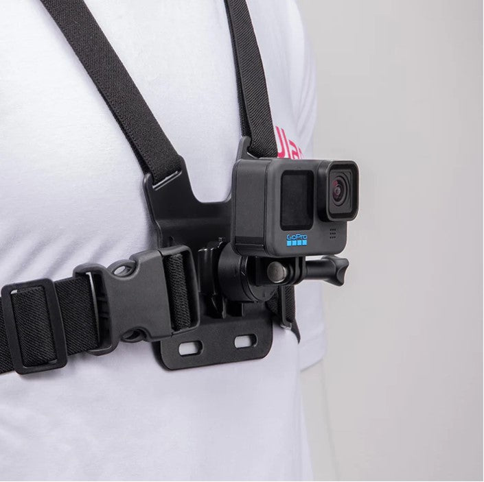 Ulanzi Go Quick II Magnetic Adapter Mount Kit Quick Release attached to a chest harness for sports cameras