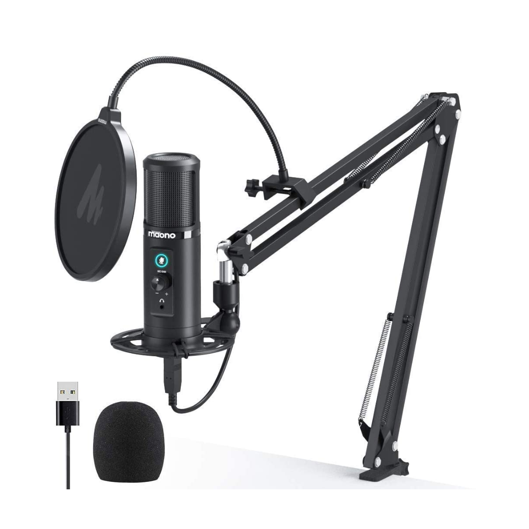 USB Condenser Microphone Kit with Adjustable Boom Arm and Pop Filter for Clear Audio Recording
