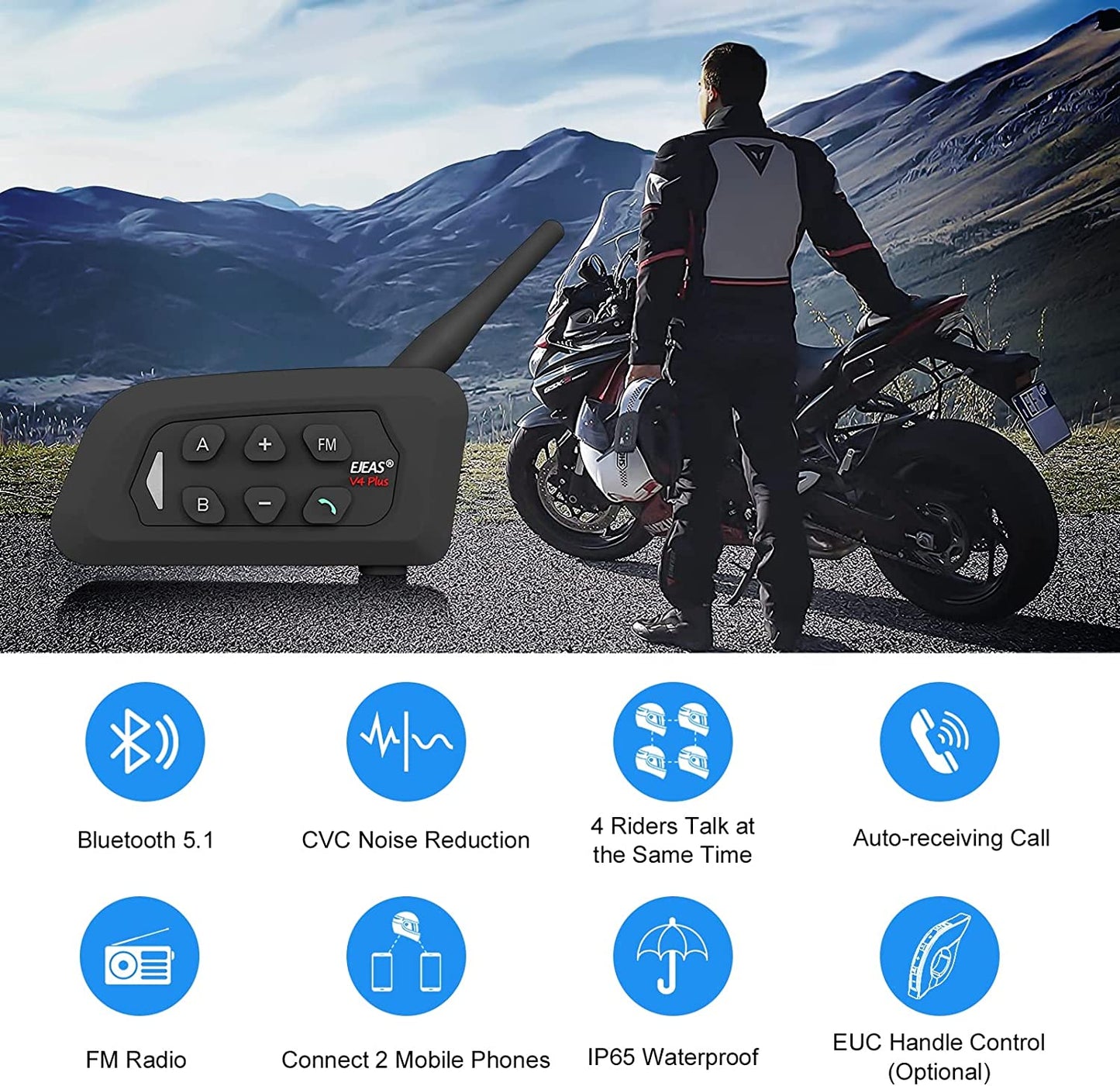 EJEAS V4 Plus Bluetooth Motorcycle Helmet Intercom Headset with 1500M BT Interphone Communicator for 4 Riders Waterproof