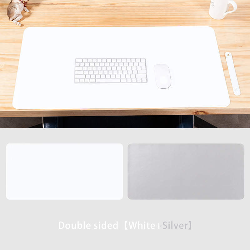 Double-sided Leather Desk Pad in White and Silver with Keyboard and Mouse setup