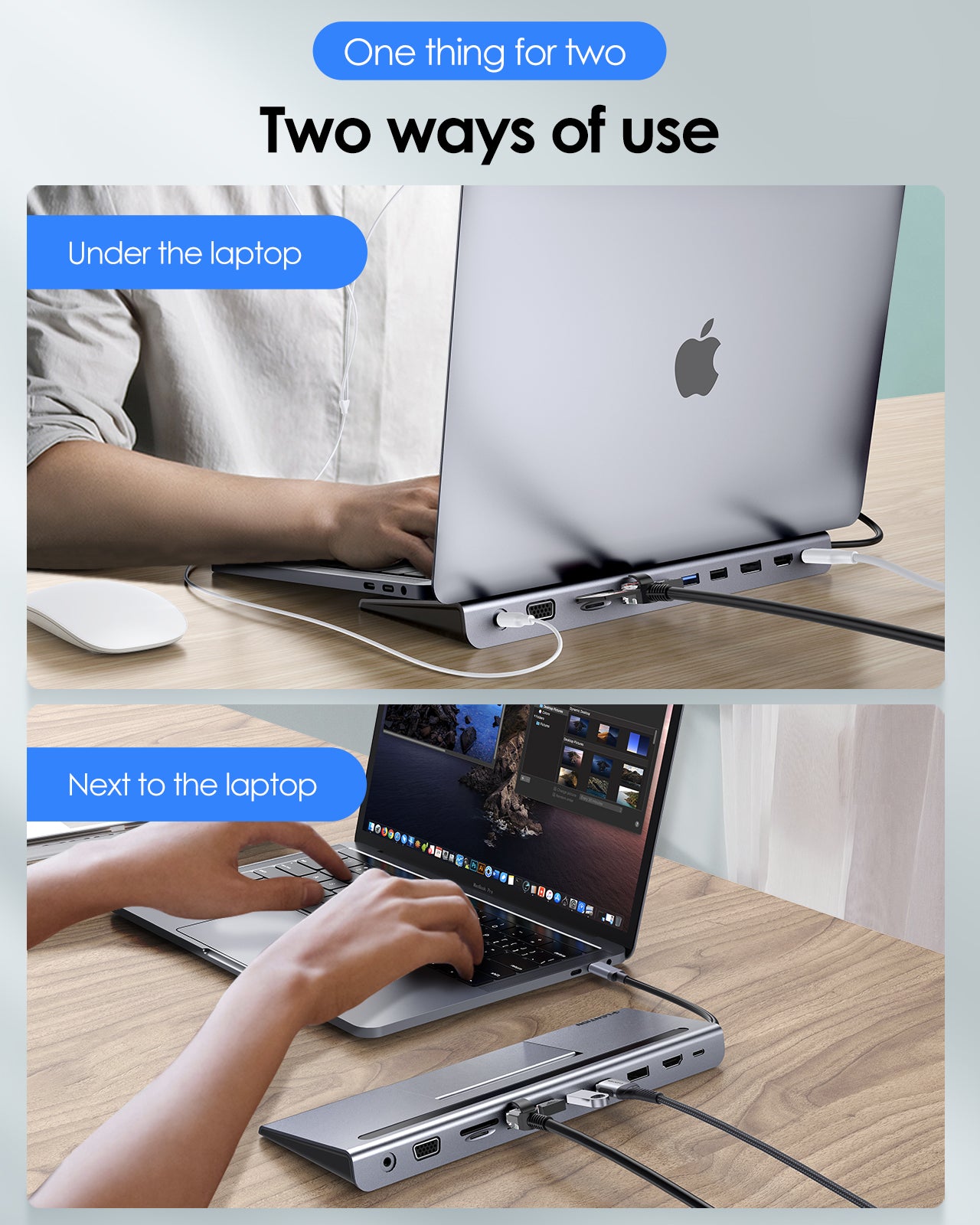 USB C Docking Station with Ethernet and Card Reader shown in two use positions for enhanced connectivity