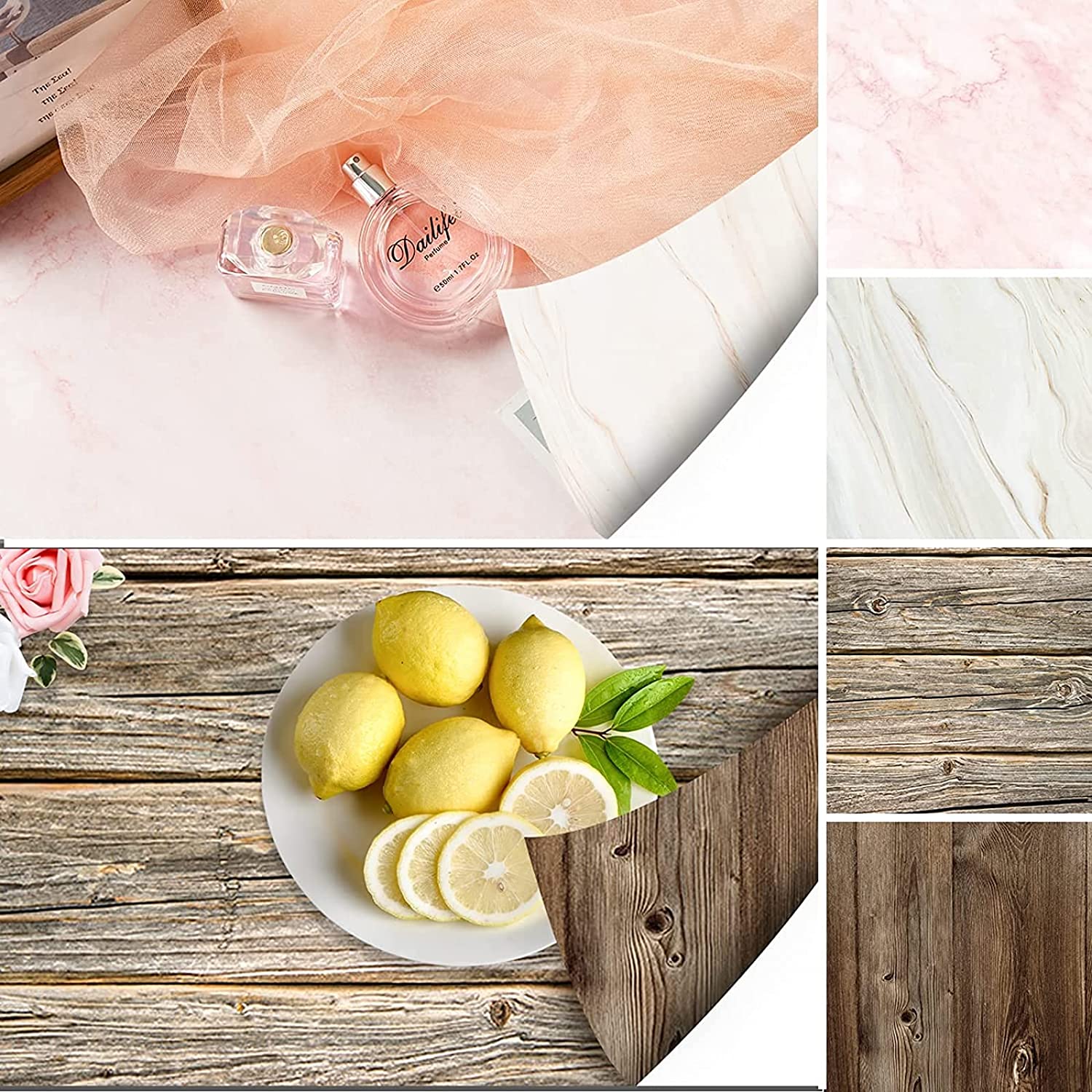 Various VMIDirect Photo Background Paper designs including marble, wood, and fabric textures