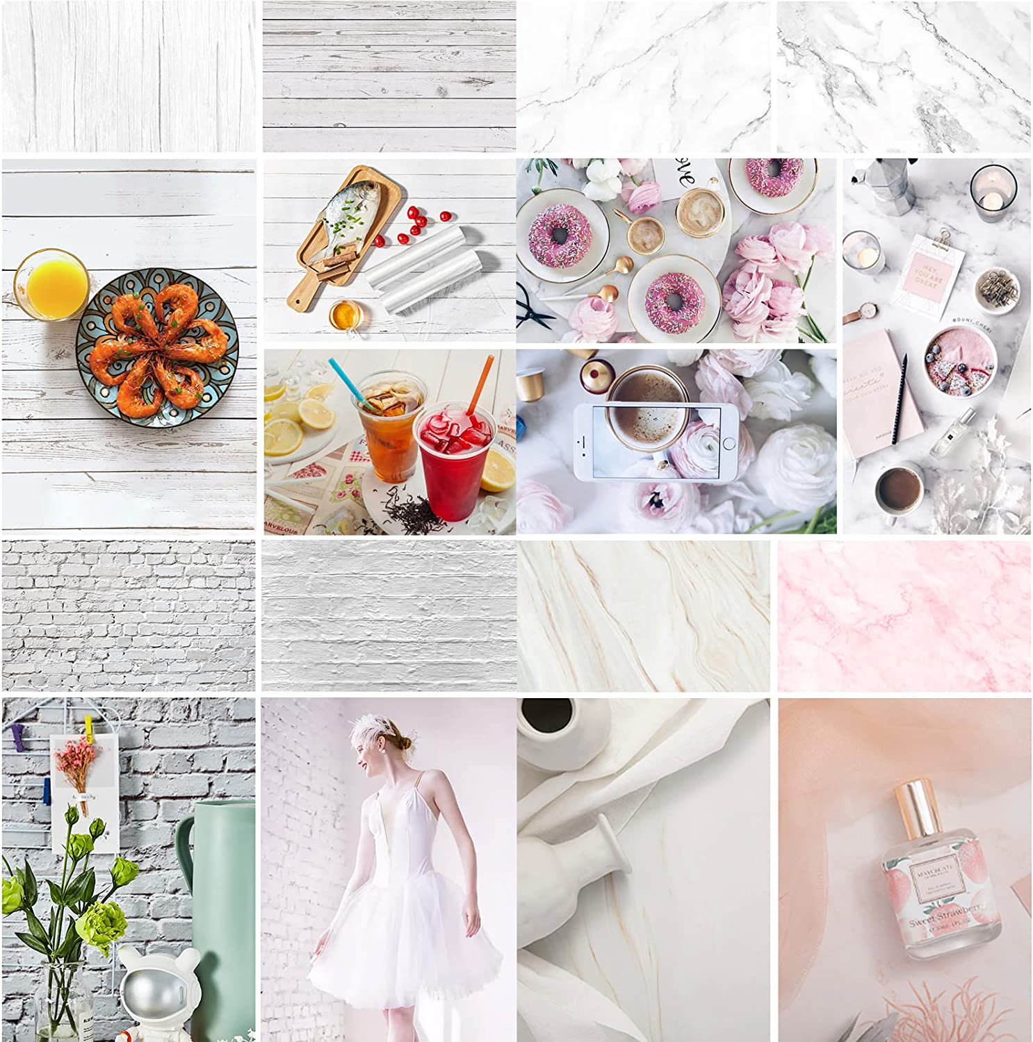 Variety of Photo Background Paper options including wood, marble, and textured surfaces for versatile photography
