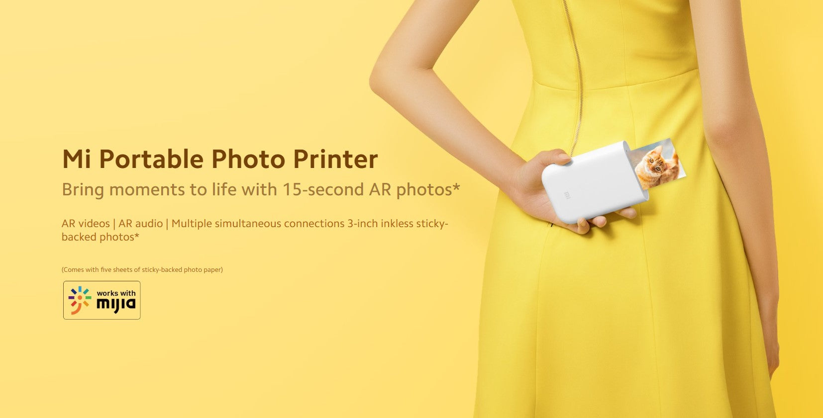 Mi Portable Photo Printer in white, showcasing 15-second AR photos as a Wireless Mobile Printer