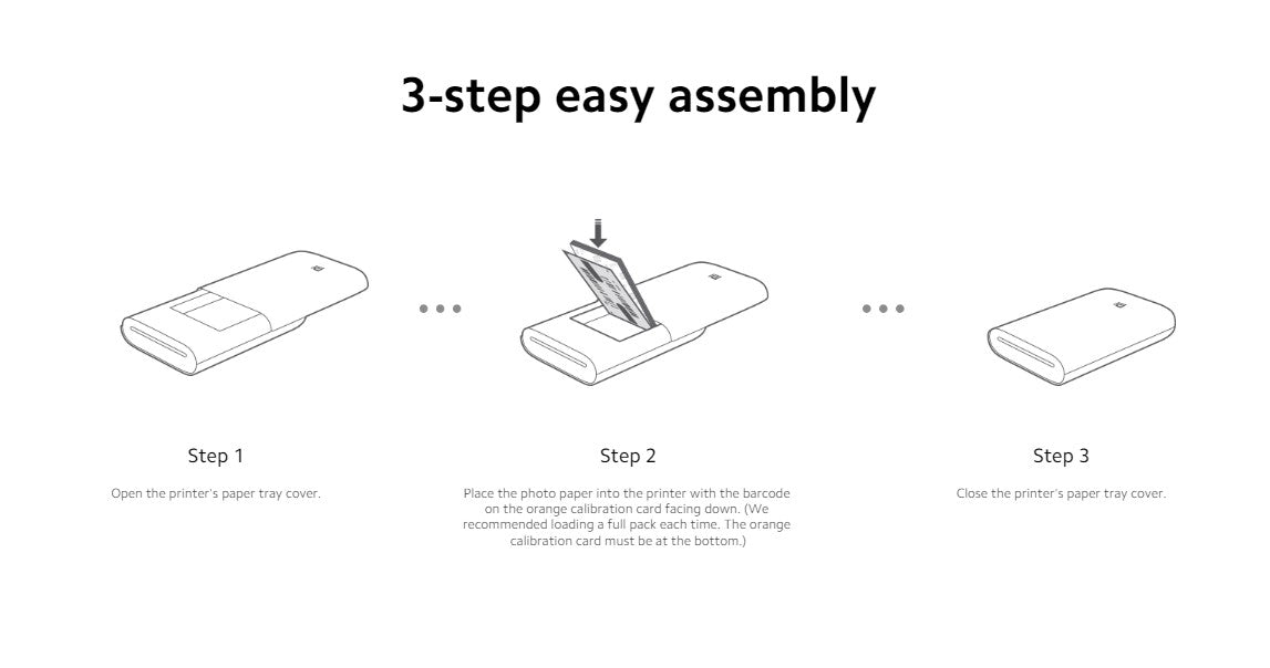 Instructions for assembling a Wireless Mobile Printer in three easy steps with illustrations
