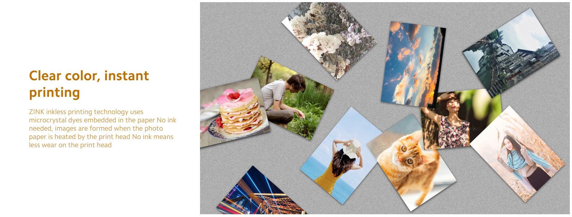 VMIDirect Wireless Mobile Printer showcasing vibrant instant prints on various photo subjects