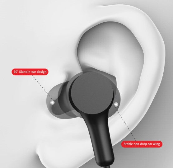 Close-up of VMIDirect Wireless Neckband Headset featuring a slant in-ear design for secure fit