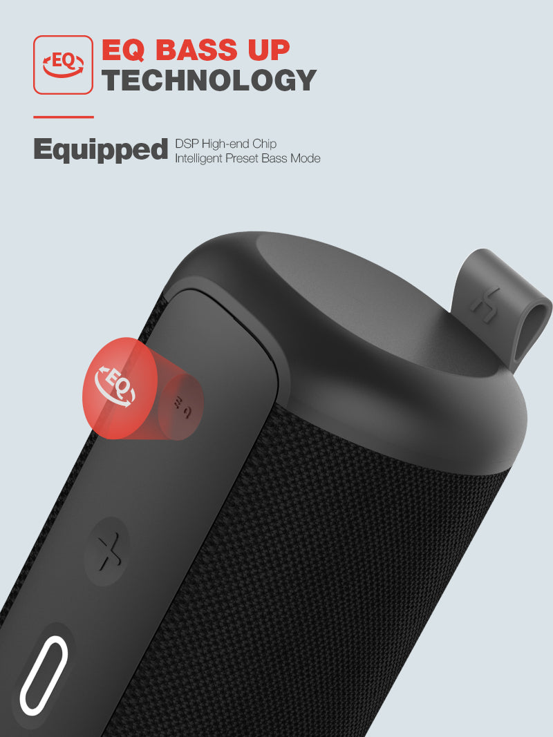 Close-up of VMIDirect Wireless Sport Speaker featuring EQ Bass Up technology and user-friendly controls