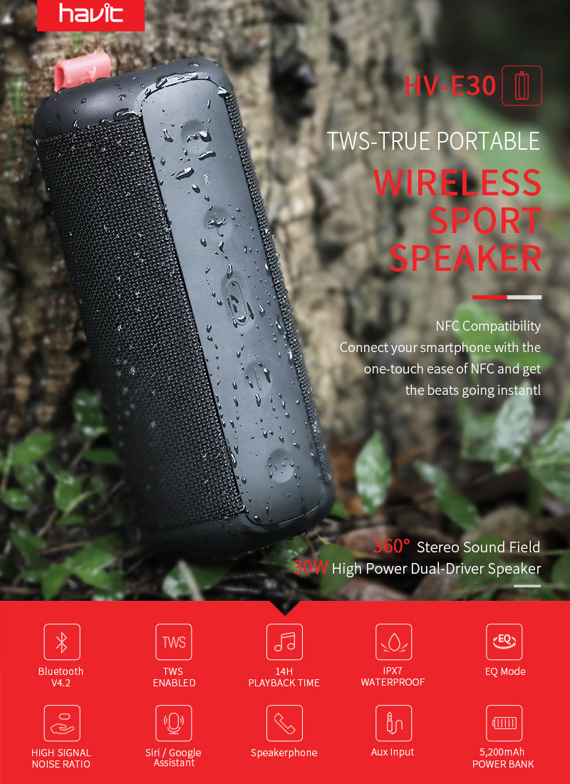 Havit HV-E30 True Wireless Sport Speaker with NFC, 360 Stereo Sound, and 30W High Power Dual-Driver