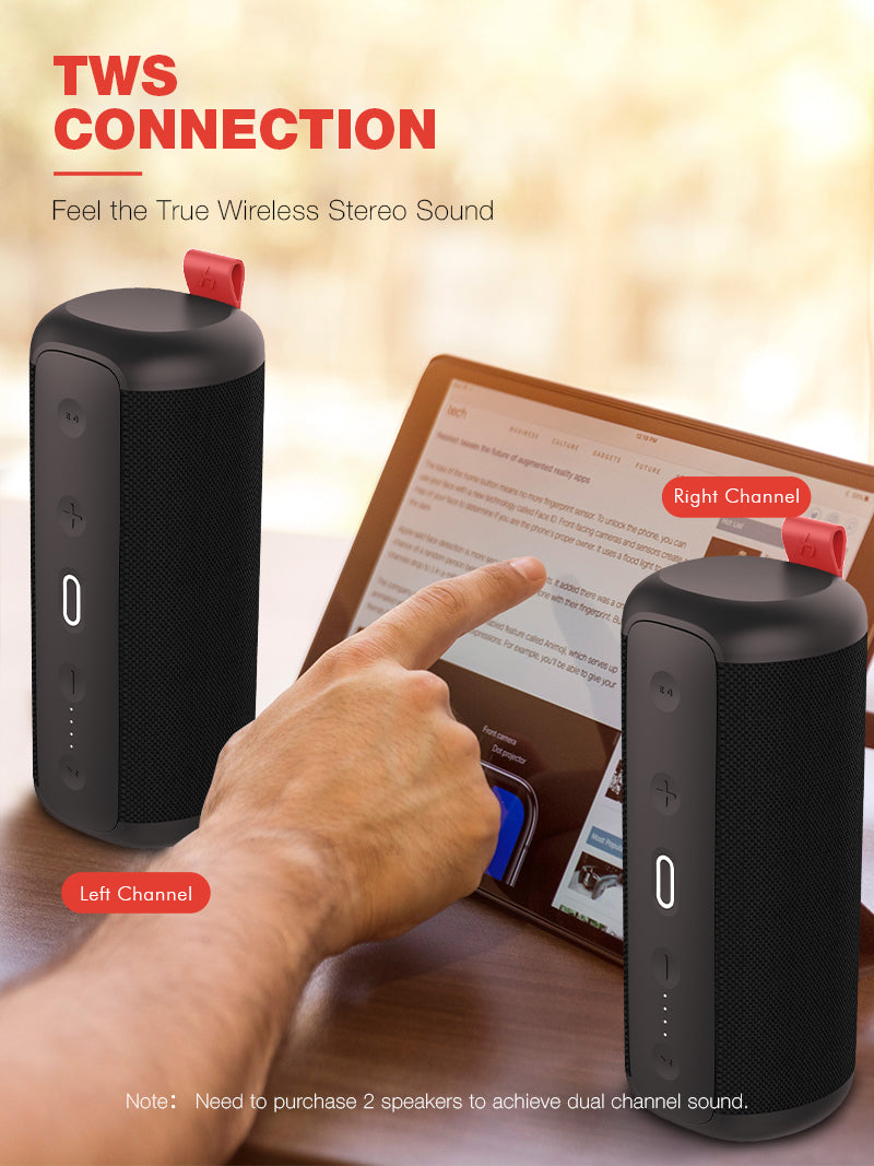 VMIDirect Wireless Sport Speaker showcasing TWS connection for true stereo sound and user interaction