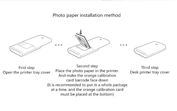Instructions for VMIDirect Pocket Photo Printer Paper installation showing three steps