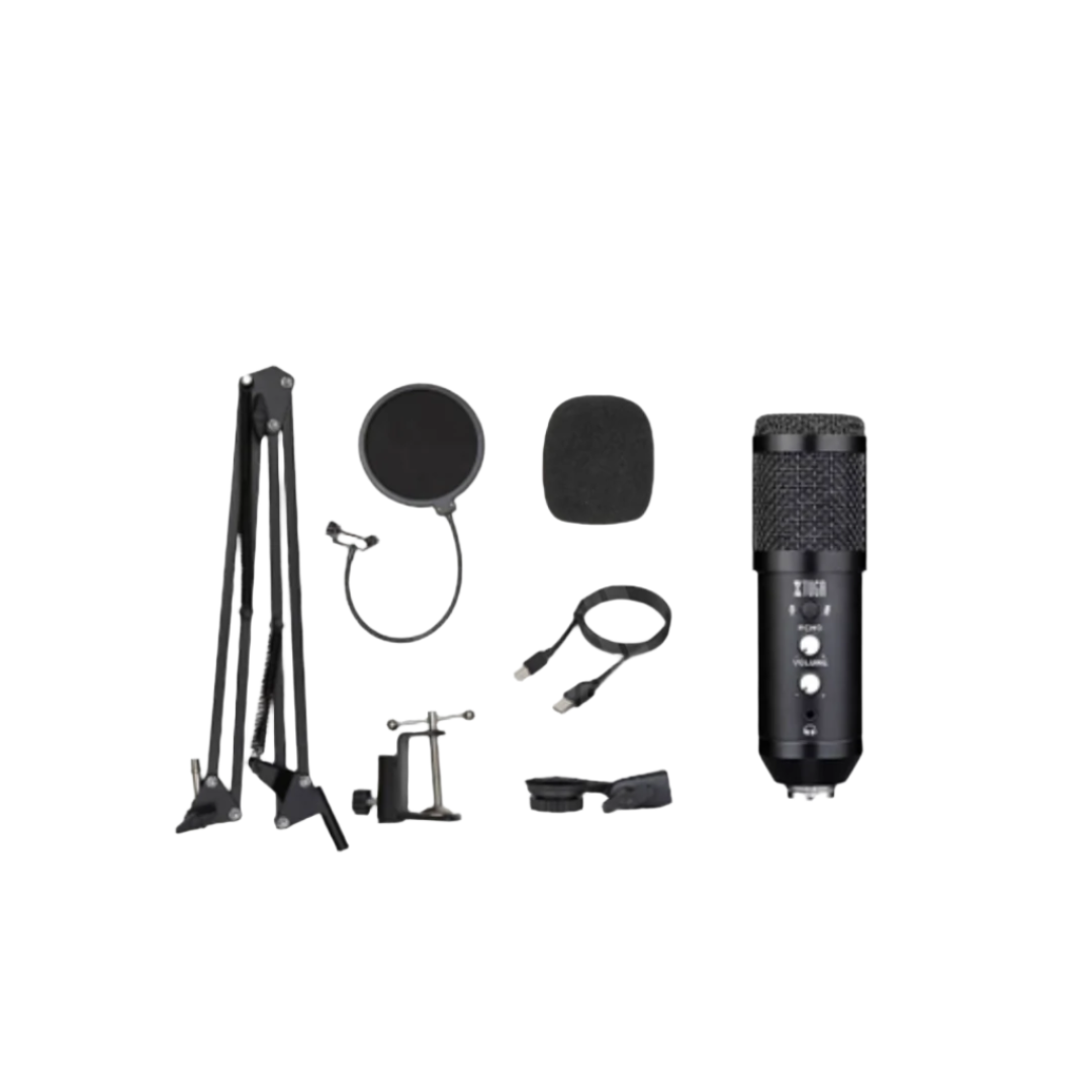 XTUGA EM900 USB microphone with adjustable stand, pop filter, and connection cables for clear audio recording