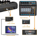 XTUGA AM6 sound mixing console showing USB connection to laptop and closeups of ports and display