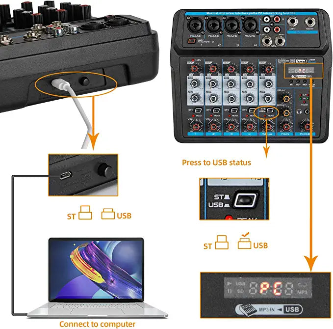 XTUGA AM6 sound mixing console showing USB connection to laptop and closeups of ports and display
