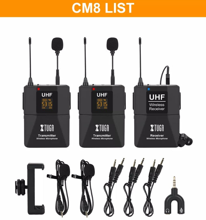 XTUGA CM7 CM8 microphone dual wireless kit with receiver two transmitters lavalier mics and case