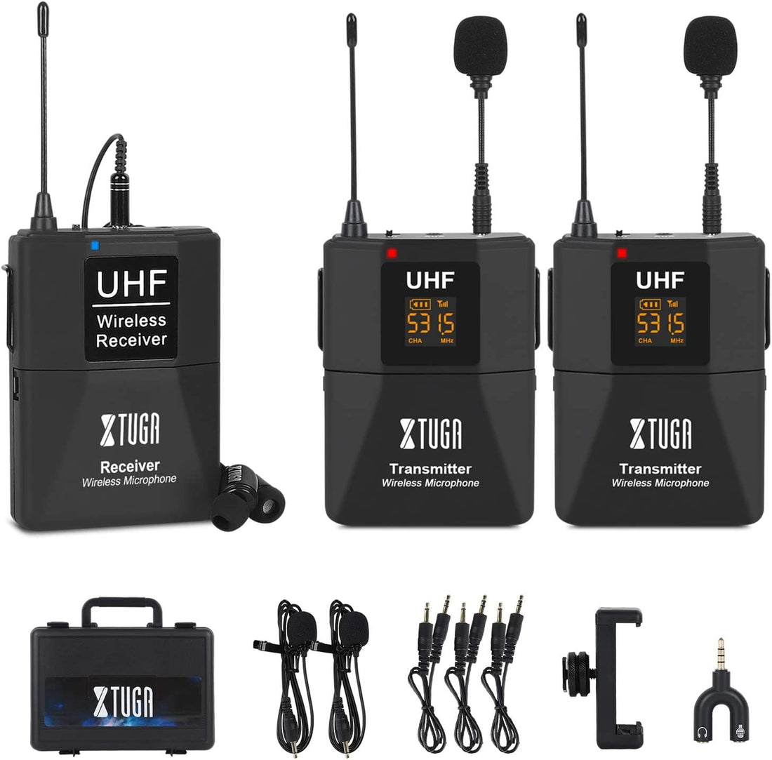 XTUGA CM7 CM8 microphone dual wireless kit with receiver two transmitters lavalier mics and case
