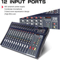XTUGA CT120 audio mixer with phantom power 12 input ports faders EQ knobs and USB interface