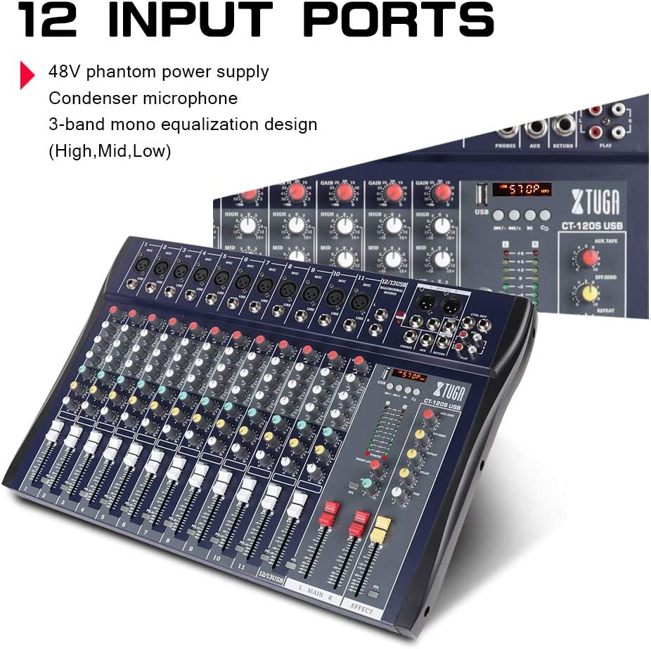 XTUGA CT120 audio mixer with phantom power 12 input ports faders EQ knobs and USB interface