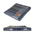 XTUGA CT120 audio mixer with phantom power showing angled top view with faders knobs XLR inputs and rear panel
