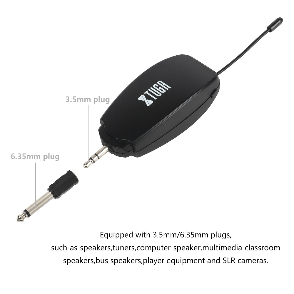 XTUGA KX622 wireless microphone system compact black receiver with 3.5 mm and 6.35 mm plugs and antenna