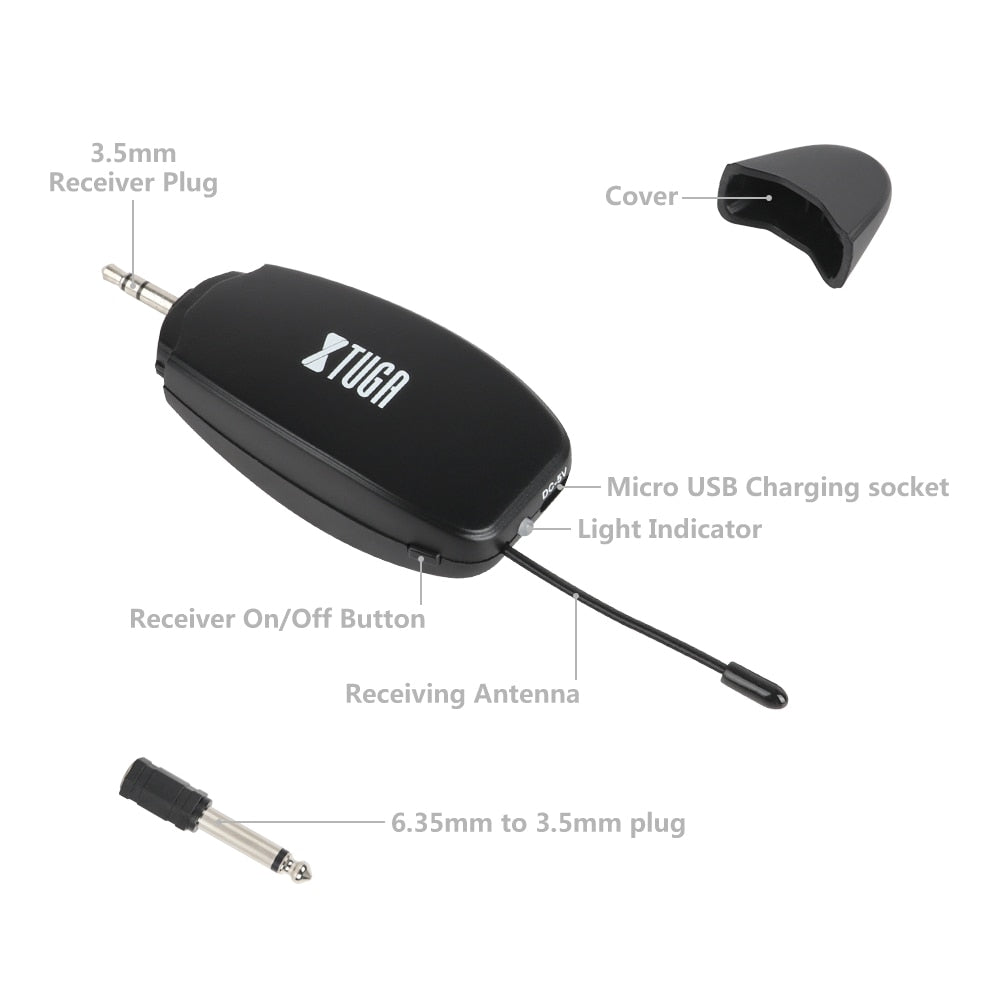 XTUGA KX622 wireless microphone system compact black three point five millimeter receiver with antenna and USB charging