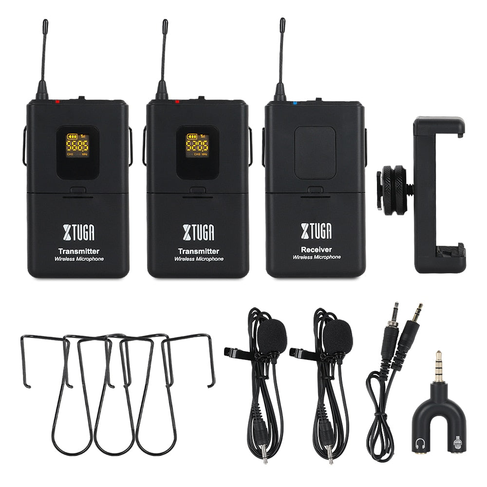 XTUGA lapel mic system for camera with dual transmitters receiver lavalier clips
