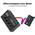 XTUGA MH400 micro sound mixer compact low noise 4 channel line audio mixer showing knobs and input jacks