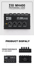 XTUGA MH400 micro sound mixer showing front panel with four level knobs input and output jacks