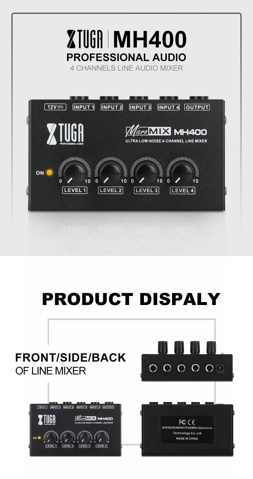 XTUGA MH400 micro sound mixer showing front panel with four level knobs input and output jacks
