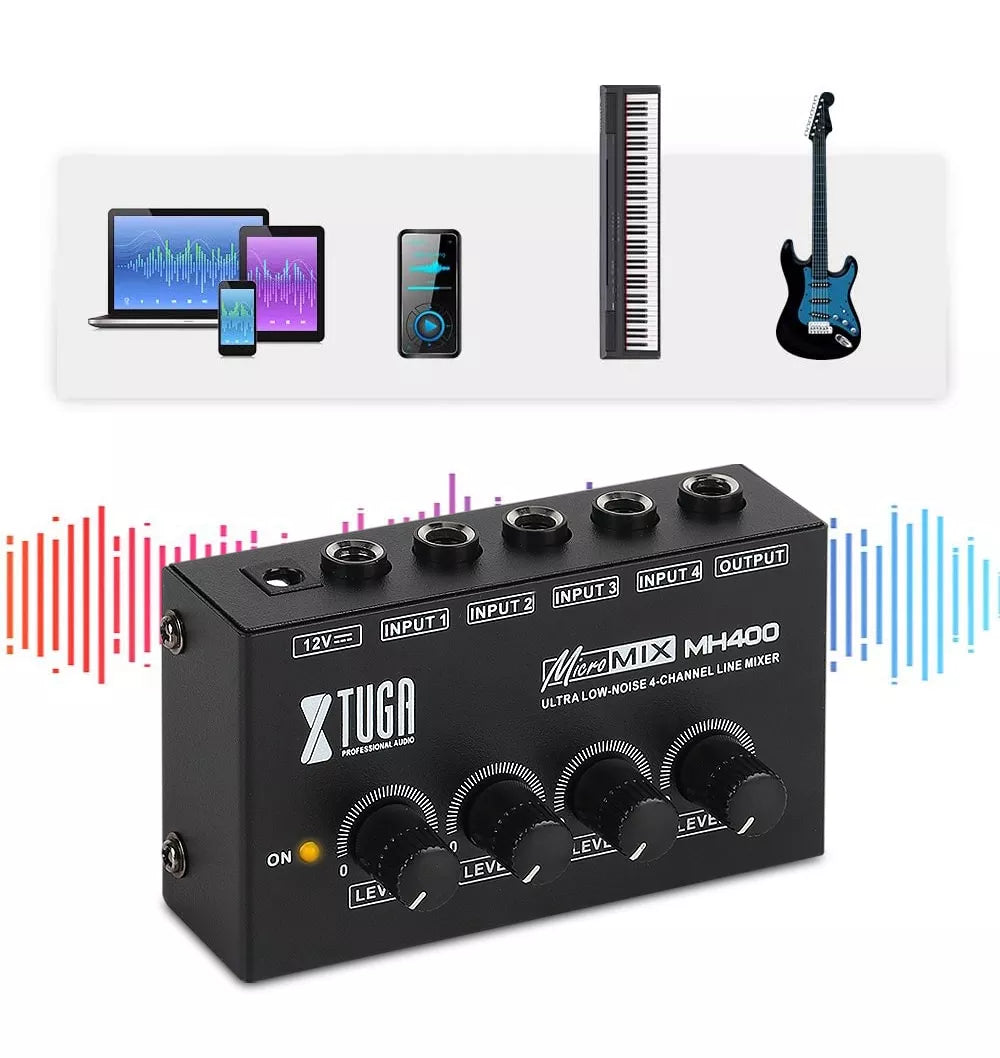 XTUGA MH400 micro sound mixer compact 4 channel line mixer with level knobs and input output jacks