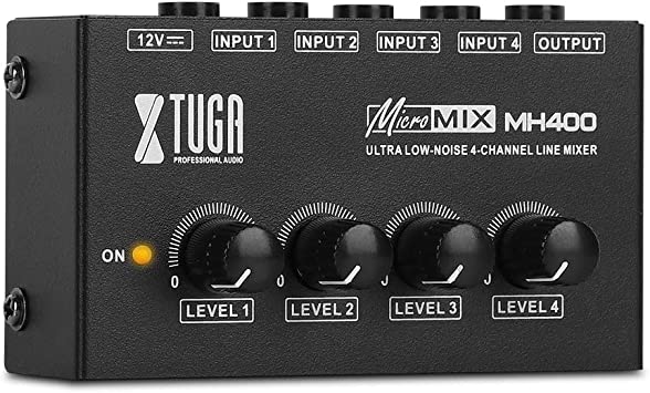 XTUGA MH400 micro sound mixer compact 4 channel black mixer with level knobs for live audio control