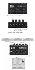XTUGA MH400 micro sound mixer compact 4 channel mixer top and rear views with knobs and input output jacks